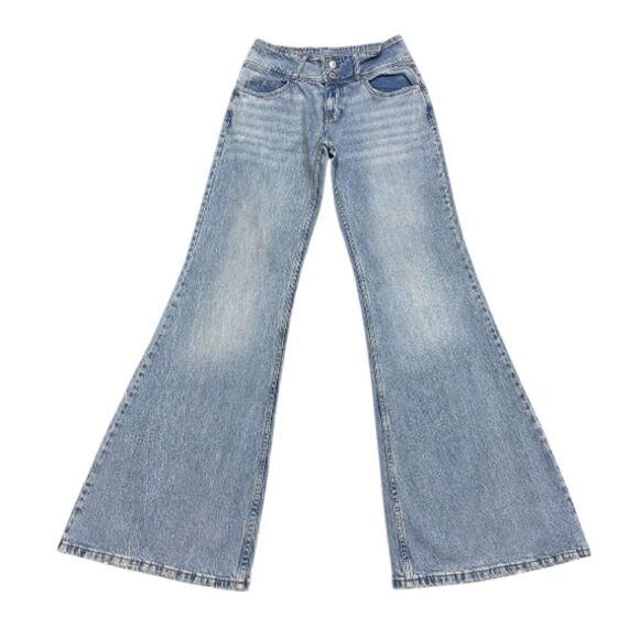 PIRAL 28x34 Mid Rise Stretch Flare Jeans Double Button Wide Leg Denim EUC - Picture 1 of 10